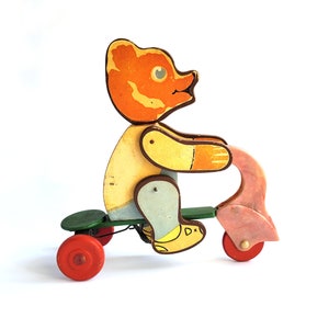 Bear on the bike, Rare vintage toy, Wooden bear, Old Russian Toy, Figurine, Animal, Moveable, Nursery Decor, Made in USSR, Ukraine, 1970s