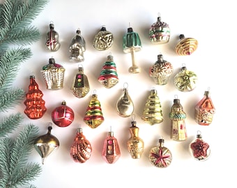Soviet Glass Christmas ornaments, Pyramid, Parachute, House, Basket, Vintage, Christmas tree decorations, Set, Soviet, USSR, 70s, 80s