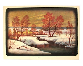 Winter, Fedoskino, ansichtkaart, doos, lakminiatuur, kunst, USSR, Sovjet vintage ansichtkaart, Strakhov, 1977