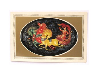 Happy New Year, Soviet Unused Postcard, Santa Claus, Troika, Horse, Palekh, Christmas, Winter, Xmas, Vintage, Korovkina, 1989, USSR, 1980s