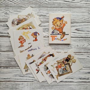 Petrushka, conjunto de 16 postales, ilustraciones divertidas, Vladimirsky, para niños, postal vintage soviética, fabricada en la URSS, década de 1970, años 70, 1971