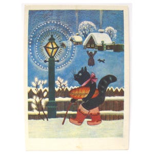 Gatto, pane, inverno, cartolina inutilizzata, arcobaleno, villaggio, cartolina d'epoca sovietica, Marshak, racconto, illustrazione, Vasnetsov, non firmato, URSS, 1970
