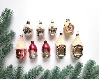 Hus, Vintage julgransprydnader i glas, Sovjetiska julgransprydnader i glas, Husdekoration, Vinter, Vintage, Sovjet, Sovjetunionen, 70-tal, 80-tal