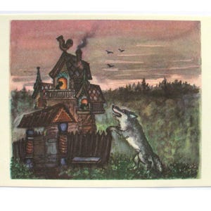 Casa de madera, postal sin usar, Teremok, Lobo, postal soviética vintage, Marshak, cuento, ilustración, Vasnetsov, sin firmar, URSS, 1974