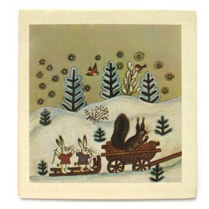 Wiewiórka i zające, Wasniecow, malarstwo rosyjskie, sztuka, nieużywane, radziecka pocztówka vintage, wydruk, niepodpisane, 1974, lata 70., lata 70.