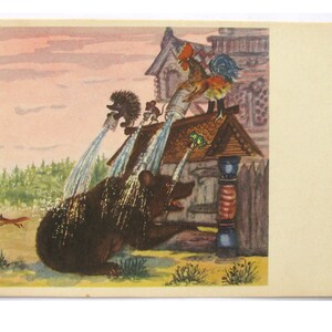 Maison en bois, carte postale inutilisée, Teremok, hérisson, carte postale vintage soviétique, Marshak, conte, illustration, Vasnetsov, non signée, URSS