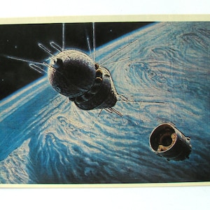 Espace, Vostok, carte spatiale, impression de l'espace, art de l'espace, Sokolov, fusée, inutilisé, non signé, carte postale vintage soviétique, URSS, 1982