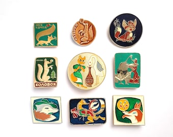 Fox Pins, Soviet  Vintage collectible badges, Pick from set, Animal, Crane, Kolobok, USSR, 1980s