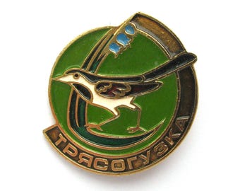 Wagtail Pin, Bird, Soviet Vintage collectible badge, Flower, Enamel, USSR