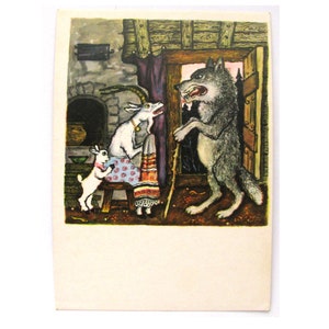 Russische Märchen Karte, Illustration, Wasnetsov, Wolf und Geißlein, unbenutzte Postkarte, Russische Vintage Postkarte, UdSSR, 1969