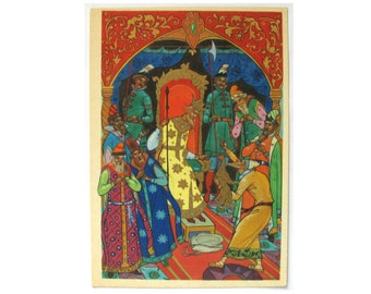Tale of the Golden Cockerel, Palekh, Vintage Postcard, Kurkin, Pushkin, Folk, Tale, Lacquer Miniature, USSR, Soviet, Unsigned, 1968