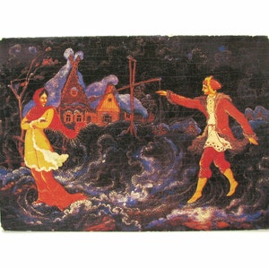 Frohes Neues Jahr Karte, Schneesturm unbenutzte Postkarte, Schneesturm, Paar, unsigniert, Weihnachten, Palekh, Postkarte, Chelyshev, UDSSR, 1981