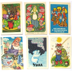 Zestaw 6 kalendarzy kieszonkowych, Kot, Karlsson, Niedźwiedź, Używany, Ilustracja, Radziecka pocztówka vintage, ZSRR, 1980, 1982, 1987, 1988, 1991