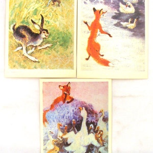 Sagor av Rudyard Kipling och Bröderna Grimm, Vykort, Set om 10, Illustration, Glikman, Djur, Sovjetisk Vintagebok, Sovjetunionen, 1988 bild 3