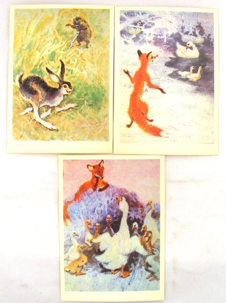 Sagor av Rudyard Kipling och Bröderna Grimm, Vykort, Set om 10, Illustration, Glikman, Djur, Sovjetisk Vintagebok, Sovjetunionen, 1988 bild 3