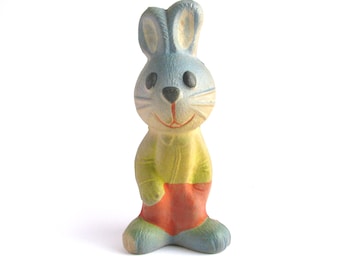 Conejito de goma vintage, figura de animal de mediados de siglo, juguete coleccionable de conejo y liebre, decoración para guardería, ideas de regalos retro para niños, década de 1960.