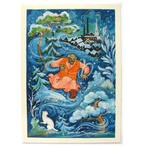 Cuento de hadas, postal sin usar, postal soviética antigua, Kochnev, Palekh, ilustración, Bokarev, ilustración, 1969, década de 1960, años 60, URSS