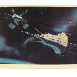 Ruimte, ruimtekaart, ruimteprint, ruimtekunst, Viktorov, ruimte, satellieten, elektronisch, aarde, niet-ondertekend, Sovjet-vintage ansichtkaart, USSR, 1971