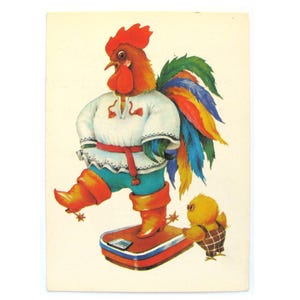 Cartão postal quebra-cabeça, galo, animal, sem uso, sem assinatura, cartão postal vintage soviético, ilustração, Kostetska, 1989, feito na URSS, 1989, anos 80