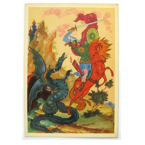Bogatyr russe, cheval, carte postale inutilisée, carte postale vintage soviétique, illustration, Bolchakov, Palekh, 1968, années 1960, années 60, URSS