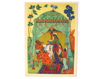 Tale of the Golden Cockerel, Palekh, Vintage Postcard, Kurkin, Pushkin, Folk, Tale, Lacquer Miniature, USSR, Soviet, Unsigned, 1968