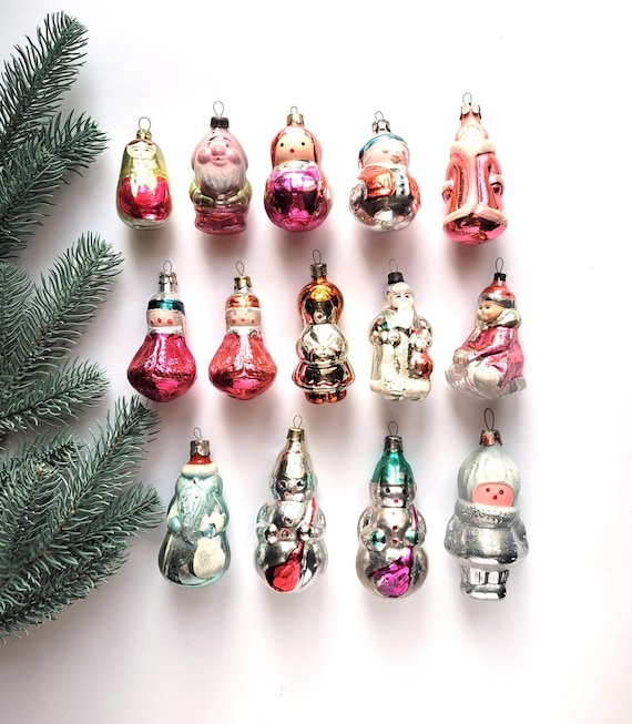 Charaktere, Glas-Christbaumschmuck, Menschen, Glas-Weihnachtsmann, Schneemann, Baumschmuck aus Glas, Vintage, Sowjetunion, UdSSR, 60er, 70er, 80er Jahre