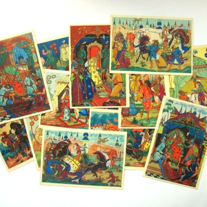 Conto do Galo de Ouro, Pushkin, Conjunto de 12 cartões-postais soviéticos, Arte, Cartão-postal antigo da União Soviética, URSS, Sem uso, Kurkin, 1968, década de 1960