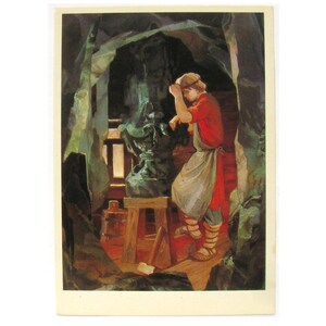 Rock Master, Stone Flower, Boy, Cartão postal não utilizado, Cartão postal vintage soviético, Ilustração, Nazaruk, Palekh, 1983, 1980s, 80s, URSS