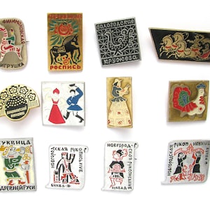 Pines de arte popular, insignias, selección de un conjunto, insignias coleccionables vintage, pin, artesanía tradicional, té, ruso, pin soviético, URSS, años 80