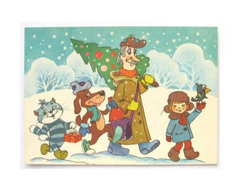 Happy New Year, Unused Postcard, Prostokvashino, Cat, Dog, Boy, Soviet Vintage Postcard, Unsigned, Illustration, Zhebeleva, 1989, 1980s