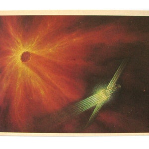 Espace, Zond explore la comète, Space Card, Space Print, Space Art, Sokolov, inutilisé, non signé, carte postale vintage soviétique, URSS, 1982