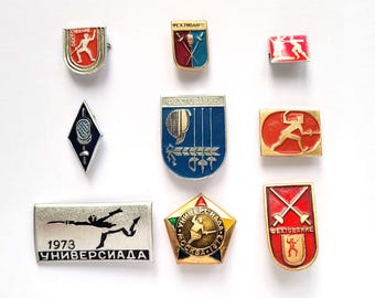 Fechten, Sport, Auswahl aus Set, Sowjetisches Abzeichen, Rapier, Schwert, Sportarten, Vintage-Sammlernadeln aus Metall, 1980er Jahre