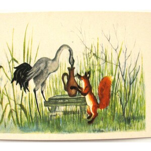 Carte de conte folklorique russe, renard et grue, illustration, Vasnetsov, carte postale inutilisée, carte postale vintage soviétique, carte vierge soviétique, URSS, 1969
