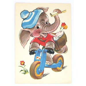 Telegrama de felicitações, Cartão postal, Não utilizado, Elefante, Bicicleta, Cartão postal soviético vintage, Ilustração, Chetverikov, 1981, URSS, década de 1980, anos 80