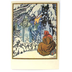 Morozko, carte postale inutilisée, fille des neiges, père Frost, conte de fées, carte postale vintage soviétique, illustration, Ivan Bilibin, 1970, années 1970, années 70, URSS