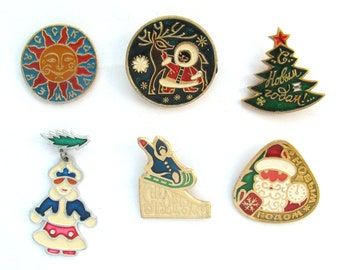 Happy New Year Pins, Soviet Vintage badge, Pick from Set, Snow Maiden, Sun, Escimo boy, Christmas Tree Pin, Holiday Pin, Soviet Pin, USSR