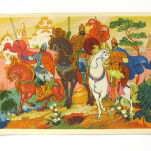 No Portão do Bogatyr, Cavalo, Cartão-postal não utilizado, Cartão-postal soviético antigo, Ilustração, Bokarev, Palekh, 1968, década de 1960, década de 60, URSS