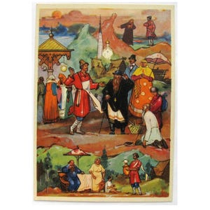Padre e Trabalhador Balda, Cartão Postal Não Utilizado, Cartão Postal Vintage Soviético, Conto, Palekh, Ilustração, Zaytsev, Palekh, 1961, 1960, 60, URSS