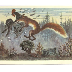 Maison en bois, carte postale inutilisée, Teremok, hérisson, carte postale vintage soviétique, Marshak, conte, illustration, Vasnetsov, non signé, URSS, 1974