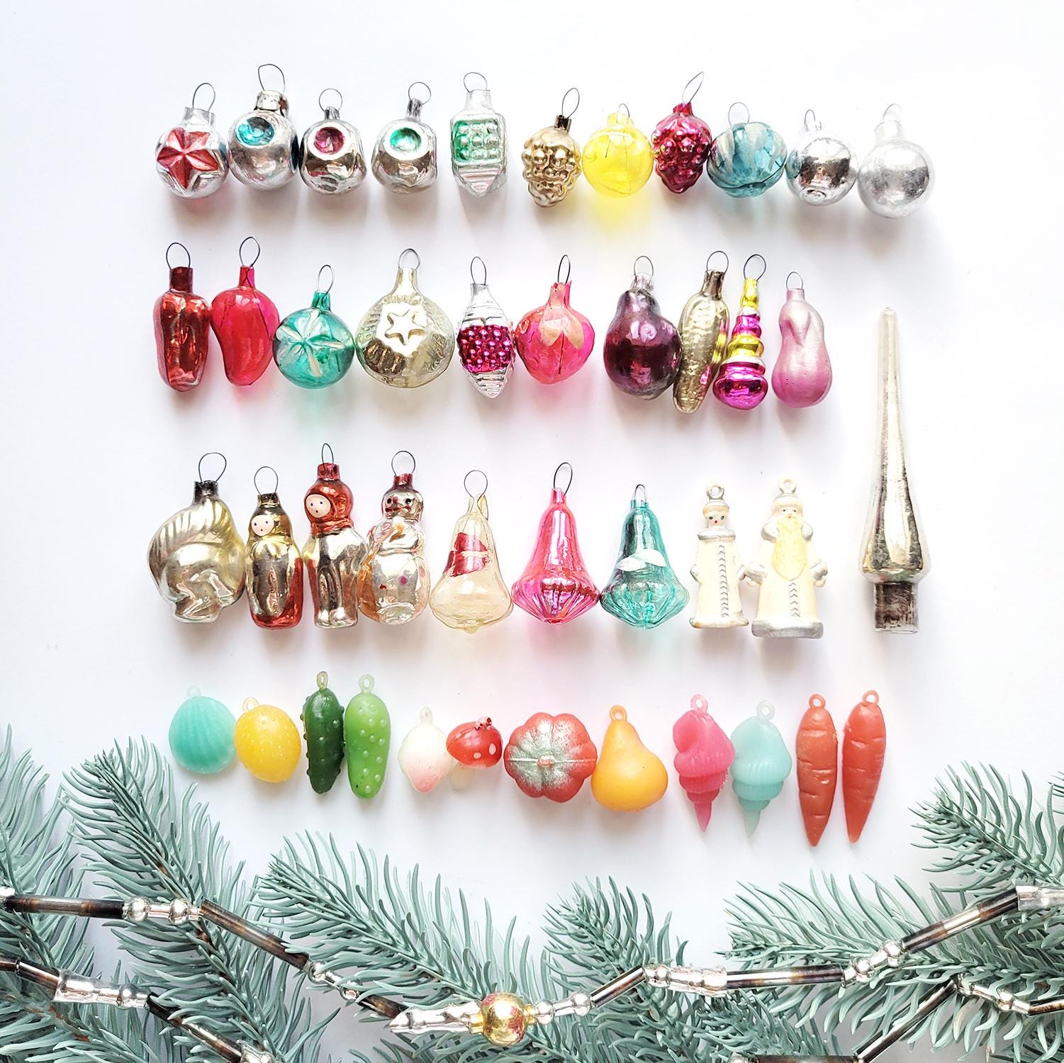 Set of 43 Mini Christmas Tree Decorations, Soviet Glass Christmas