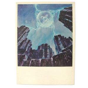 Espace, atterrissage sur une planète de soleil bleu, carte spatiale, impression de l'espace, art de l'espace, Sokolov, illustration, carte postale vintage soviétique, URSS, 1975, années 70