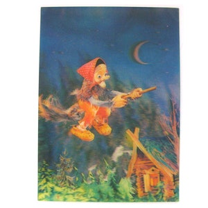 Baba Jaga, Stereo Photo Postcard, Bajka, Ilustracja, Nieużywana radziecka stara pocztówka, ZSRR, 1988, Lata 80. XX wieku
