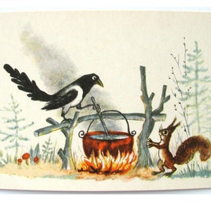 Rosyjska karta z bajką ludową, złodziejka sroka, wiewiórka, ilustracja, Wasniecow, nieużywana pocztówka, radziecka stara pocztówka, pusta karta, ZSRR, 1969