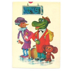 Cartão postal quebra-cabeça, Cheburashka e Gena, sem uso, sem assinatura, cartão postal vintage soviético, ilustração, Kostetska, 1989, feito na URSS, 1989, anos 80