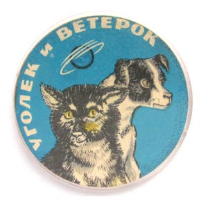 Pin espacial soviético, Ugolyok y Veterok, pin de perros espaciales, insignia, pin coleccionable de plástico vintage soviético, pin redondo, pin soviético, URSS, años 70