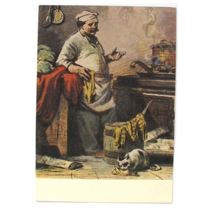 Il cuoco e il gatto, cartolina, favola di Kryylov, inutilizzata, animale, cartolina d'epoca sovietica, illustrazione, Taranov, URSS, 1956, anni '50
