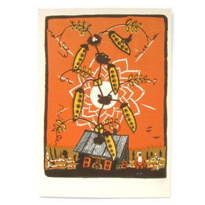 Rosyjska ludowa pocztówka, nieużywana, groch, dom, rzadka radziecka zabytkowa pocztówka, ilustracja, Owczinnikow, ZSRR, 1970, lata 70.