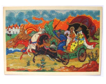 Tale of the Golden Cockerel, Palekh, Vintage Postcard, Kurkin, Pushkin, Folk, Tale, Lacquer Miniature, USSR, Soviet, Unsigned, 1968