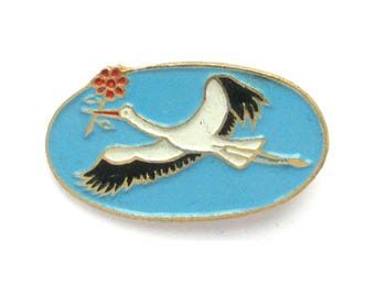 Storch mit Blume, Anstecknadel, sowjetisches Vintage-Abzeichen, Vogel, UdSSR, 80er Jahre