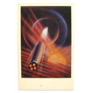Spazio, Lancio di un veicolo spaziale, Cartolina spaziale sovietica, Cartolina spaziale, Stampa spaziale, Arte spaziale, Sokolov, Leonov, Non firmato, URSS, 1969, anni '60